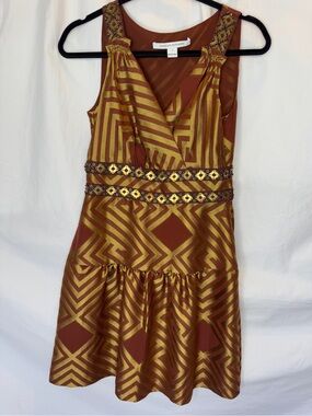 DVF Sleeveless Rust and Gold Geometric Fit & Flare Dress With Beads